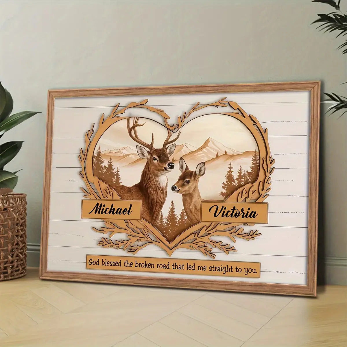 Personalized Couples Canvas Wall Art - Custom Deer & Mountains 2D Flat Print with Two Names, Romantic Gift for Couples, Anniversary Wedding Bedroom Decor