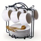 Ceramic Espresso Cup Set of 6 with Saucers Spoons and Metal Stand – 4oz Cappuccino Coffee Cups with Handles for Home Cafe Bar, Black or White