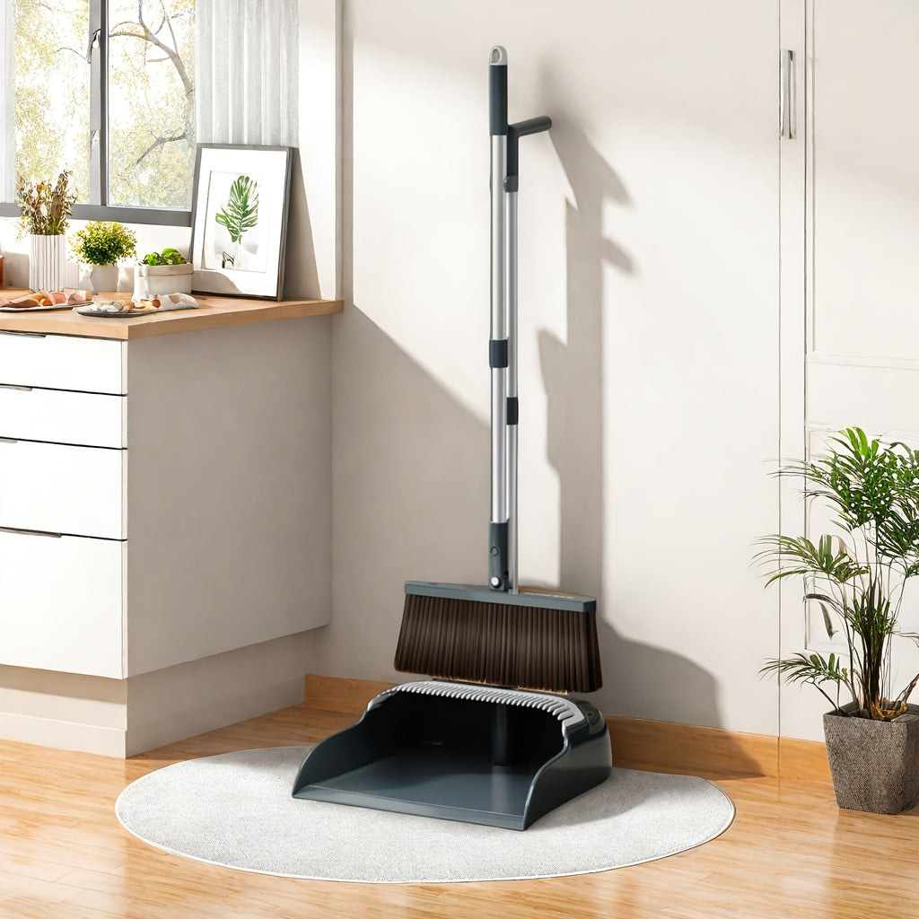 Broom and Dustpan Set with 51 Inch Adjustable Long Handle 2 Interchangeable Broom Heads – No-Bend Upright Sweeping Set for Indoor Outdoor Home Office Kitchen Garden