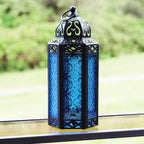 Moroccan Candle Lantern Holder Medium 10.5 Inch – Handcrafted Glass Iron Metal Lantern with Embossed Floral Panels, 17 Colors, Indoor Outdoor Use for Ramadan, Wedding, Patio, Diwali & Home Decor