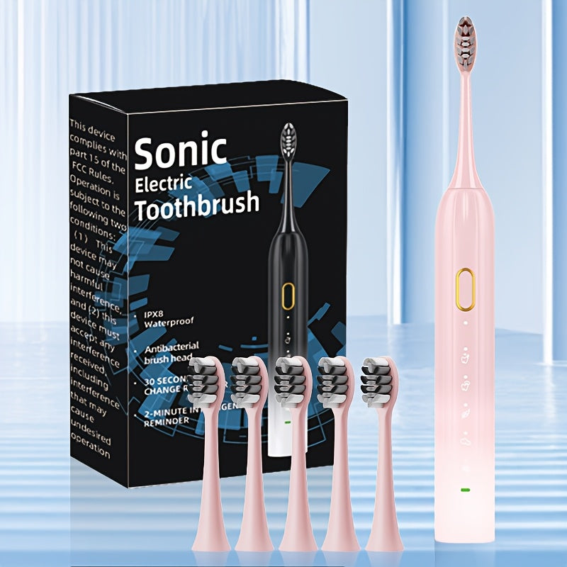 IPX8 Sonic Electric Toothbrush USB Rechargeable 5 Brush Heads Metal Shaft Smart Timer Couple Set for Adults Men Women