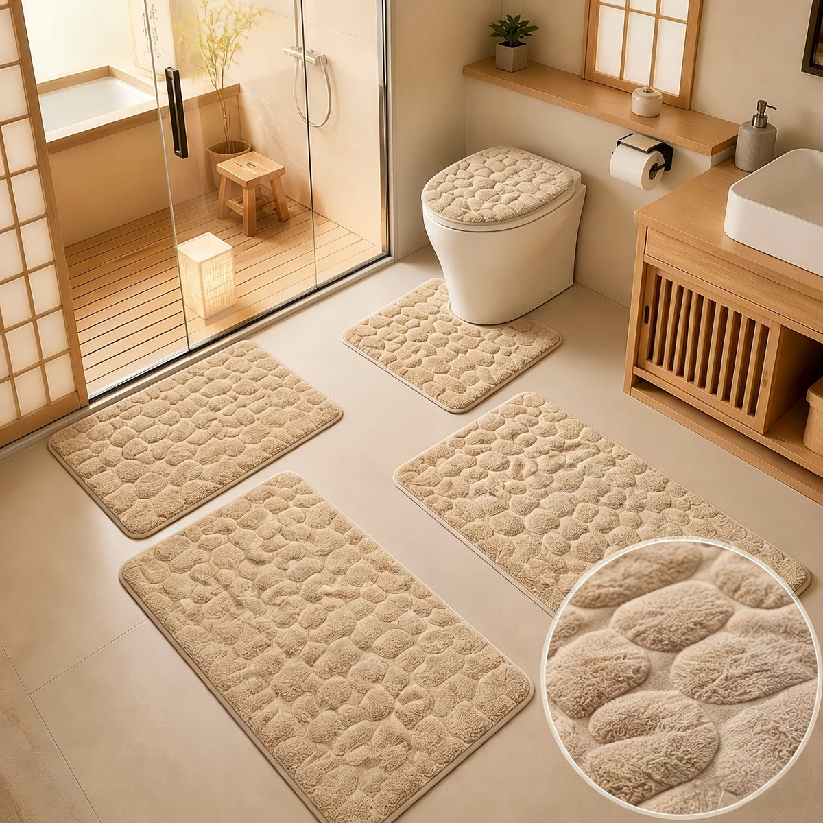 Super Absorbent Bath Mat Set 5 Piece Non-Slip Ultra Soft Bathroom Rugs, Premium Floor Mats for Bathtub Shower Vanity, 4 Colors Available