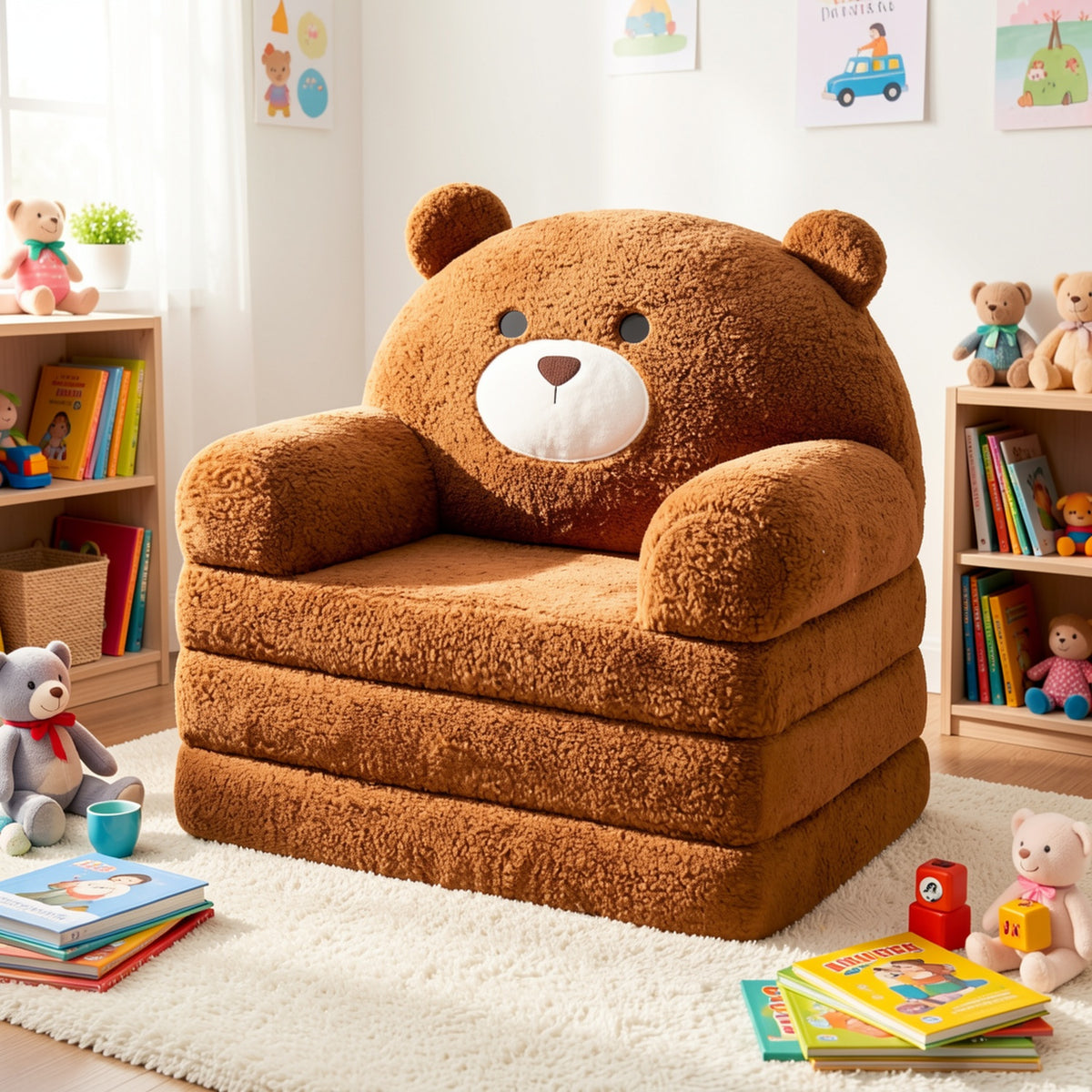 Animal Kids Foldable Sofa 2-in-1 Fold-Out Couch – Soft Polar Fleece High-Density Foam Lounger Chair for Playroom, Boys & Girls Room Decor, Cute Teddy Bear, Panda, Kitten & Milk Cow Styles