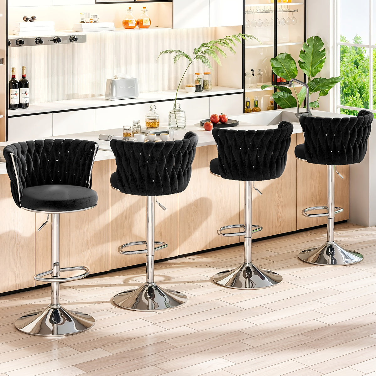 Bar Stools Set of 2 or 4 Adjustable Height Metal Leg Upholstered Counter Chairs for Kitchen Island Bar Living Room Dining Room – Glam Style