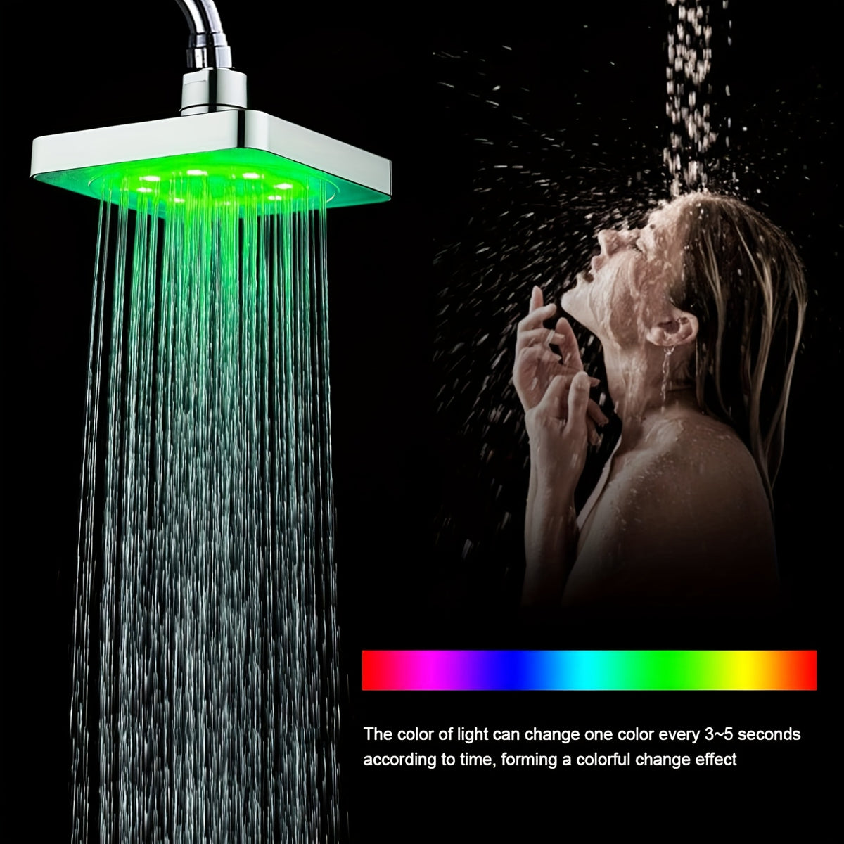 LED Color Changing Rain Shower Head 6 Inch Square - 7 Color Light Up Rainfall Showerhead, Self-Powered High Flow Shower Head with Easy Installation, Bathroom Upgrade