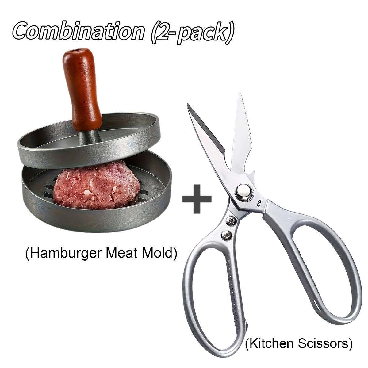 Non-Stick Burger Press Patty Maker & Heavy-Duty Kitchen Shears Set – Round Hamburger Mold for Beef, Chicken, Fish & Poultry – Professional Kitchen Tools for Grilling, BBQ & Cooking
