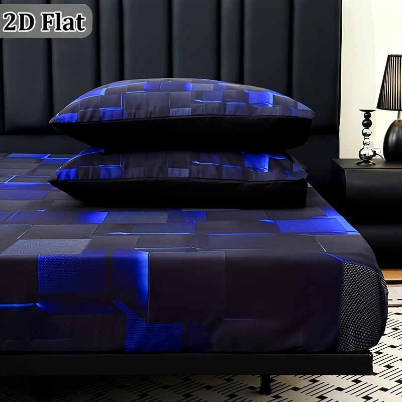 Tech Print Fitted Sheet Set 3 Piece - Digital Geometric Pattern Deep Pocket 15 Inch Bed Sheet with 2 Pillowcases Twin Full Queen King All Seasons