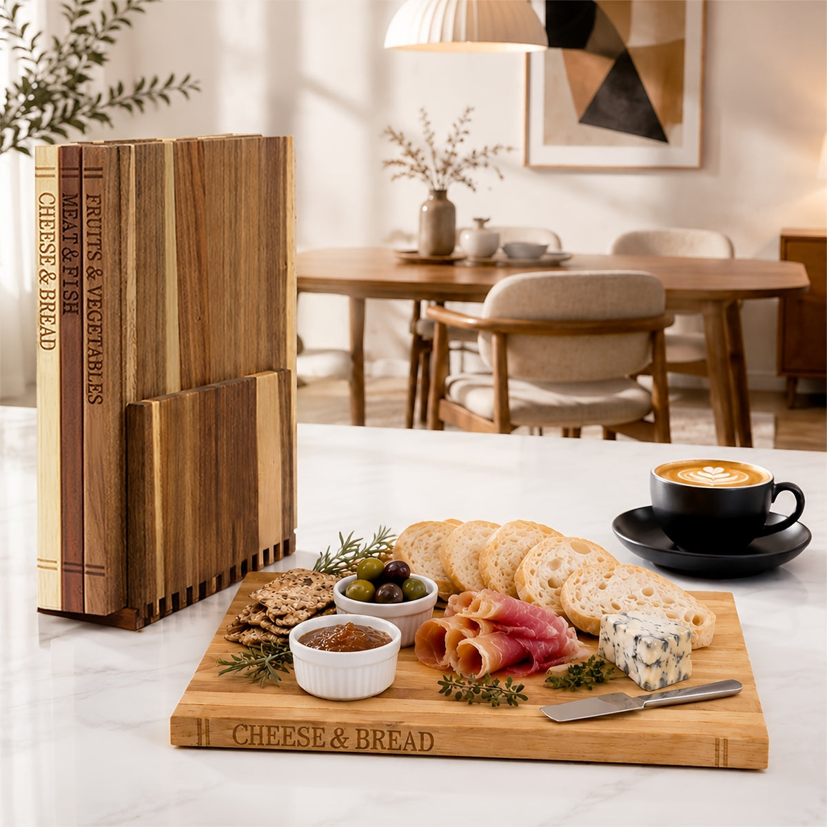 Acacia Wood Cutting Board Set 3-Piece with Stand – Book-Shaped Decorative Chopping Boards for Vegetables, Cheese, Bread & Meat, Kitchen Gift Set