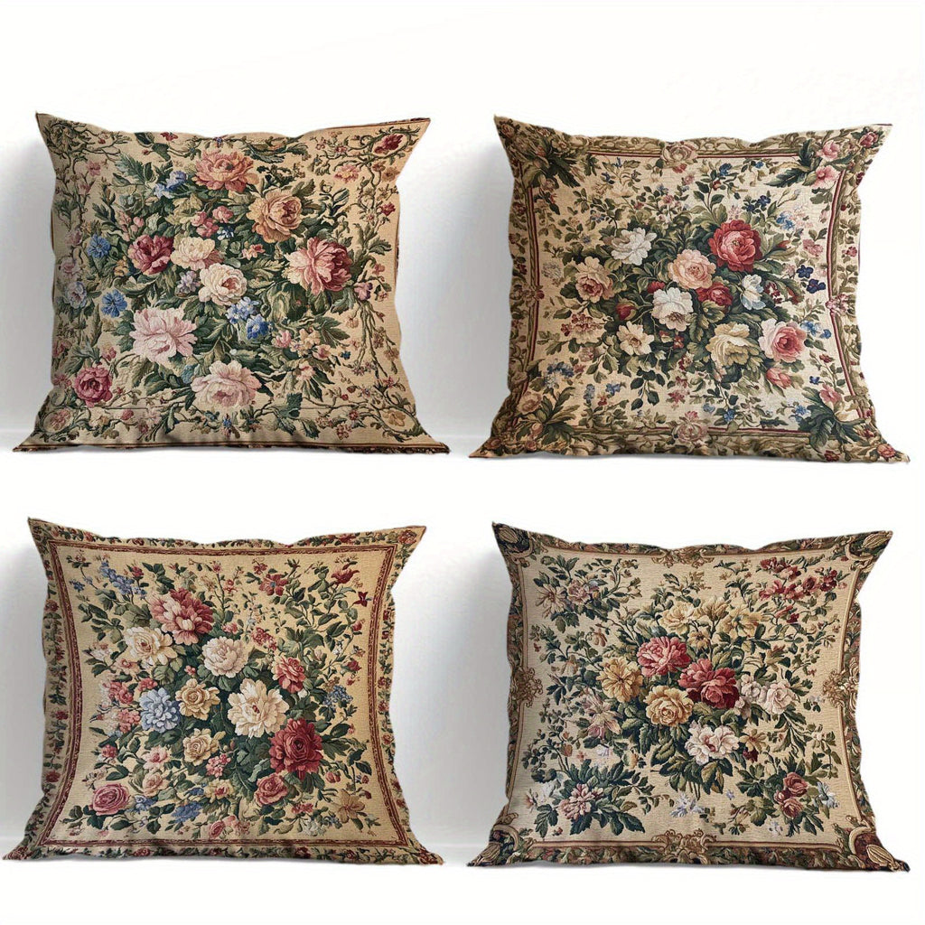 Vintage Floral Pillow Covers Set of 4 | Soft Decorative 18x18 Inch Cushion Cases with Zipper for Living Room Bedroom Porch Patio Office — Classic Botanical Print