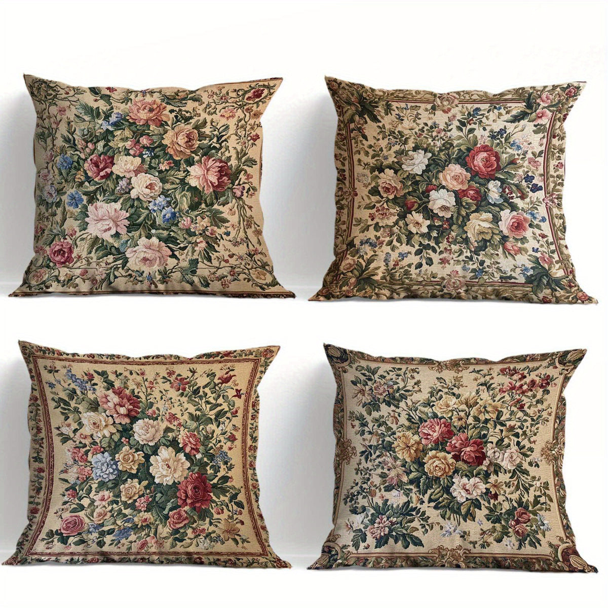 Vintage Floral Pillow Covers Set of 4 | Soft Decorative 18x18 Inch Cushion Cases with Zipper for Living Room Bedroom Porch Patio Office — Classic Botanical Print
