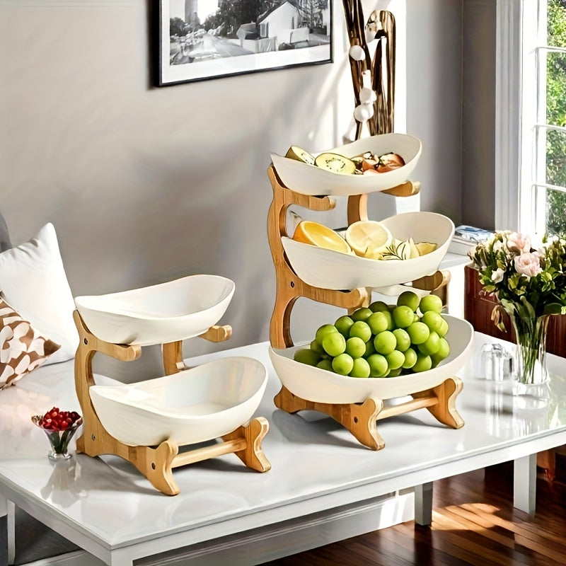 Tiered Fruit Basket Stand 2 or 3 Layer Nordic Style Fruit Bowl Wooden Plastic Snack Tray Kitchen Counter Organizer for Home Dining Table Storage
