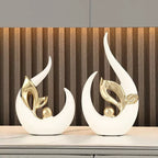 White Gold Ceramic Abstract Art Statue Set of 2 – Handcrafted Resin Sculpture Decor for Living Room, TV Cabinet & Wine Cabinet – Light Luxury Modern Home Decorations Centerpiece
