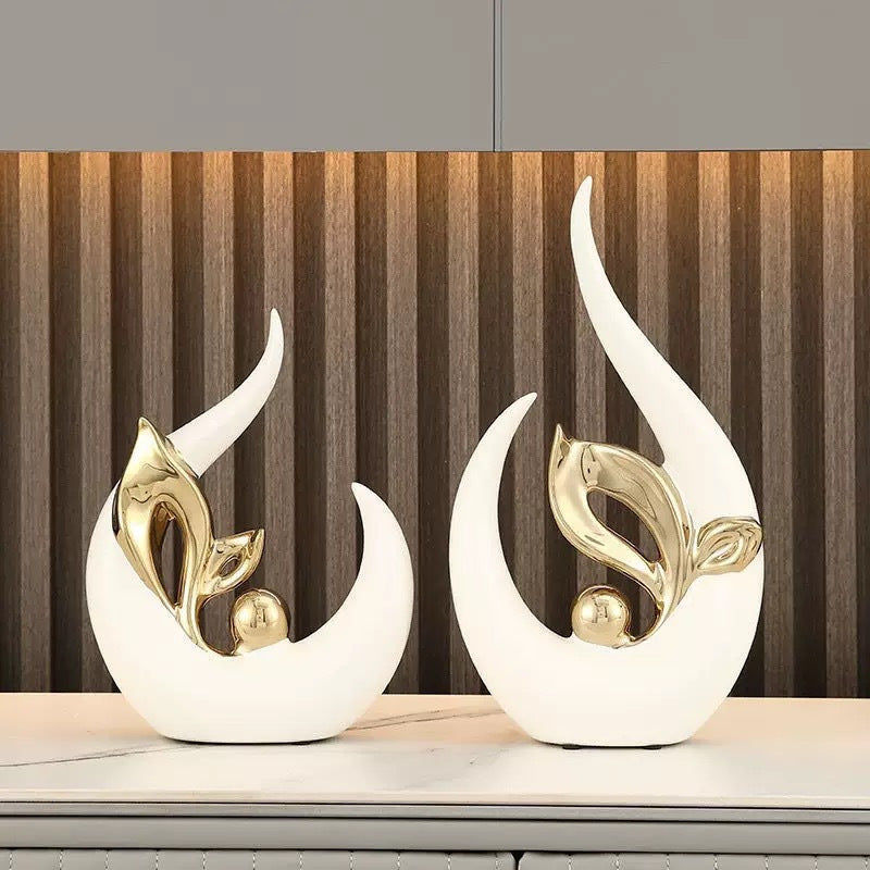 White Gold Ceramic Abstract Art Statue Set of 2 – Handcrafted Resin Sculpture Decor for Living Room, TV Cabinet & Wine Cabinet – Light Luxury Modern Home Decorations Centerpiece