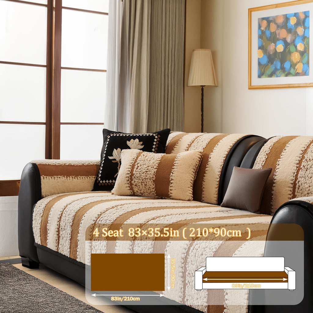 Non-Slip Sofa Slipcover, Striped Couch Cover for 2/3/4 Seater with Silicon Rubber Backing, Pet-Friendly Machine Washable Furniture Protector, All-Season Soft Sofa Cover, Sold by Piece
