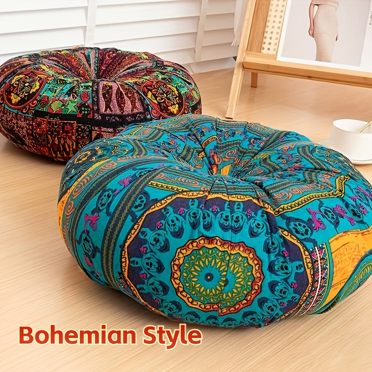 Boho Round Floor Cushion Pillow Thick Filling - Bohemian Decorative Accent Pillow for Sofa Living Room Bedroom, 6 Colors, 2 Sizes