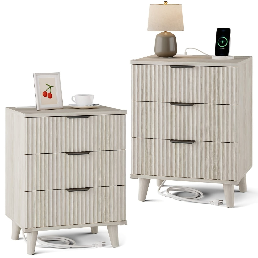Nightstand with Charging Station – 3-Drawer Bedside Table with 2 USB Ports & 2 AC Outlets, Small Bedroom Side Table | Set of 1 or 2 | Wood, Black, White, Brown