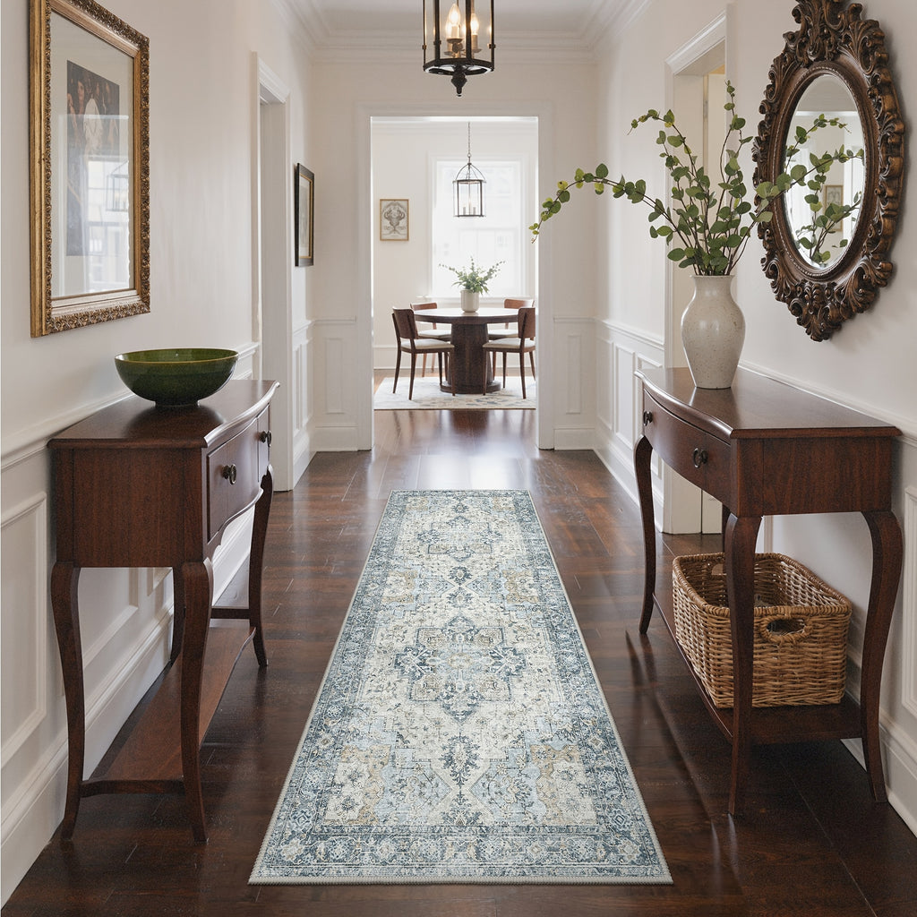 Vintage Retro Area Rug – Machine Washable Non-Slip Low Pile Chenille Print Carpet for Living Room, Bedroom, Dining Room & Home Office, Blue, Multiple Sizes