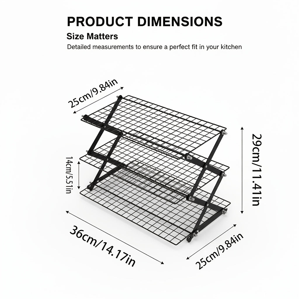 Foldable Cooling Rack 3-Layer Metal Wire Baking & Grilling Rack – Stackable Cake Cooling Tray for Baking, Roasting, Outdoor Picnic & Camping Grill
