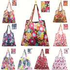 Foldable Shopping Bags 10pcs Reusable - Lightweight Waterproof Polyester Tote Bags with Storage Pockets & Cute Patterns, Eco-Friendly Grocery Bags in Random Colors