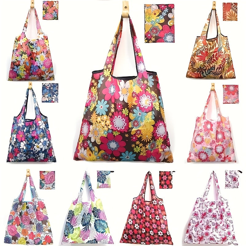 Foldable Shopping Bags 10pcs Reusable - Lightweight Waterproof Polyester Tote Bags with Storage Pockets & Cute Patterns, Eco-Friendly Grocery Bags in Random Colors