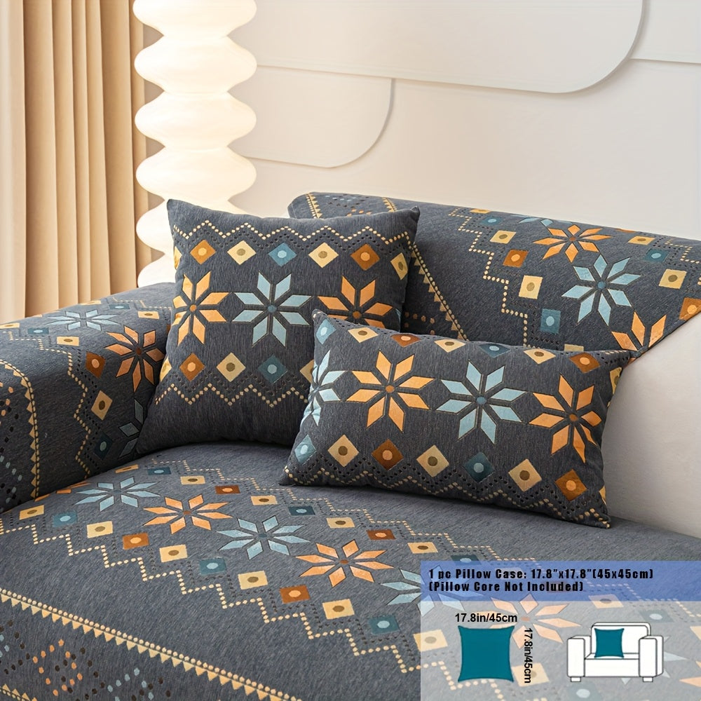 Embroidered Chenille Sofa Slipcover Bohemian Geometric Floral Pattern | Non-Slip Machine Washable Couch Cover for 1-2-3-4 Seater with Armrest & Pillow Cover Options, 6 Colors
