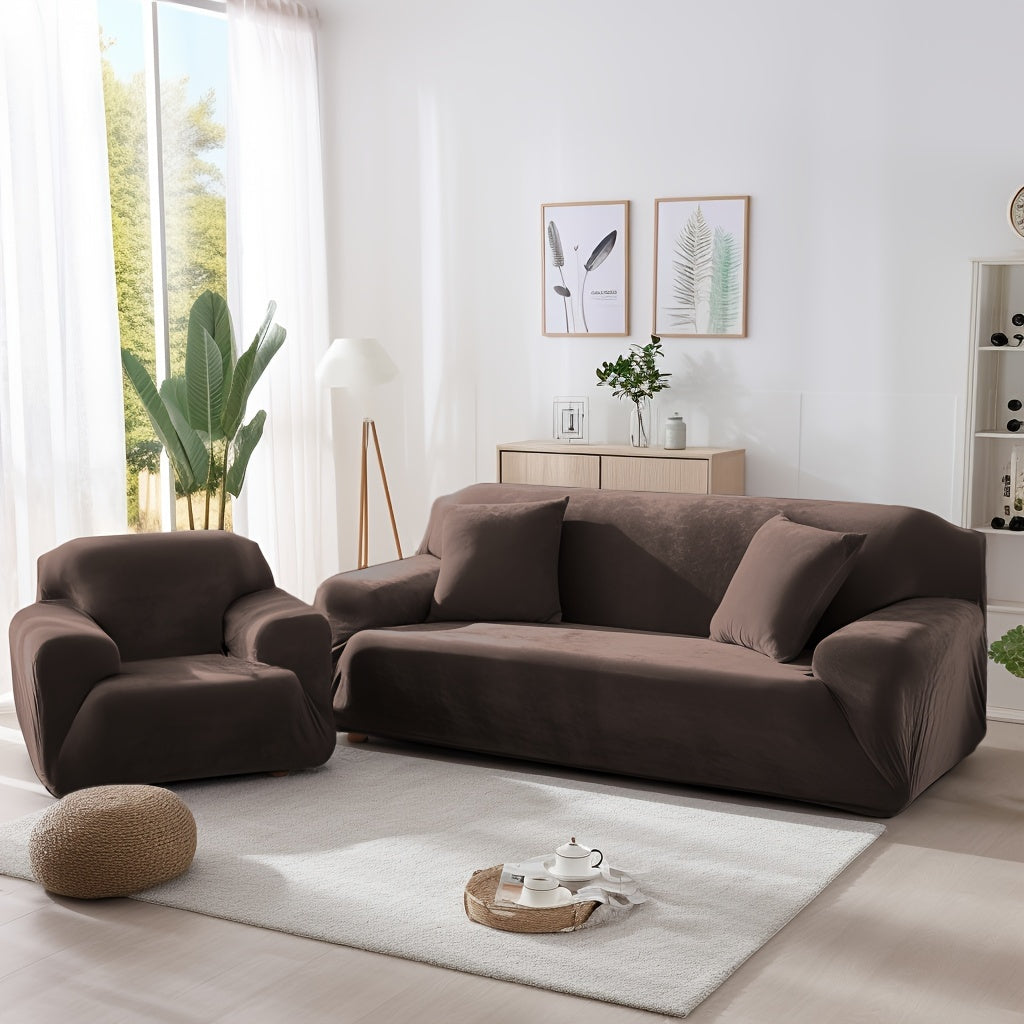 Velvet Stretch Sofa Cover Slipcover – Thick High-Elasticity Plush Couch Cover for L-Shape 1 2 3 4 Seater, Polyester Spandex Furniture Protector with Pillowcase for Living Room