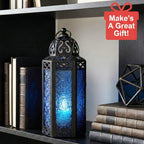 Moroccan Candle Lantern Holder Medium 10.5 Inch – Handcrafted Glass Iron Metal Lantern with Embossed Floral Panels, 17 Colors, Indoor Outdoor Use for Ramadan, Wedding, Patio, Diwali & Home Decor