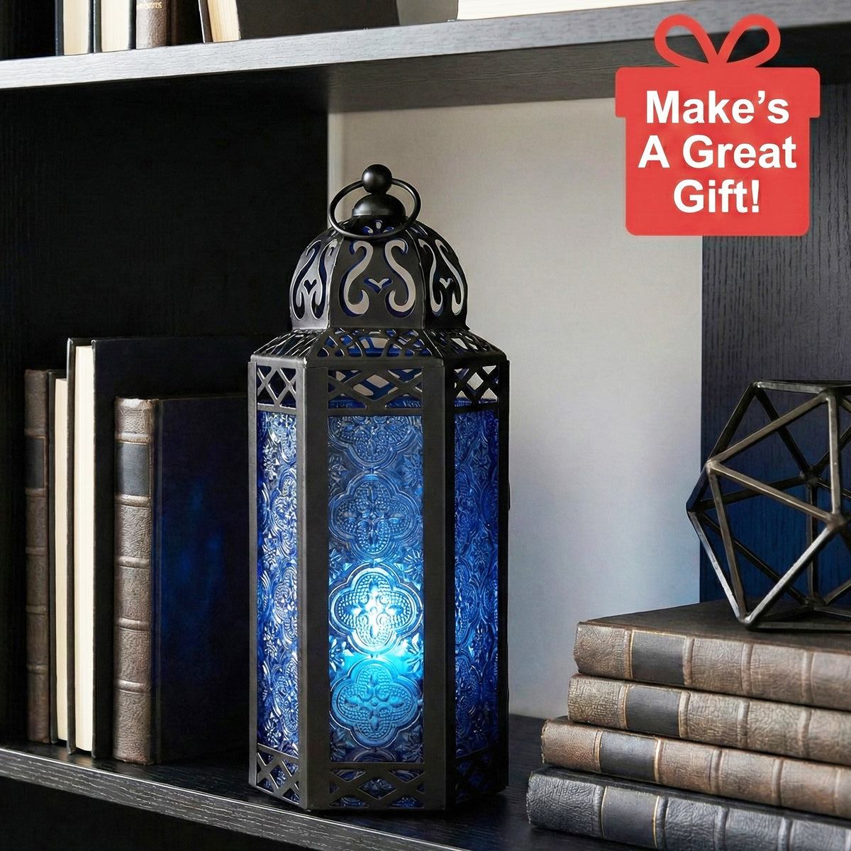 Moroccan Candle Lantern Holder Medium 10.5 Inch – Handcrafted Glass Iron Metal Lantern with Embossed Floral Panels, 17 Colors, Indoor Outdoor Use for Ramadan, Wedding, Patio, Diwali & Home Decor