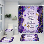 Christian Bible Verse Shower Curtain Set 4 Piece with Hooks Anti-Slip Toilet U-Shaped Pad & Lid Cover – Inspirational Faith Bathroom Decor Gift