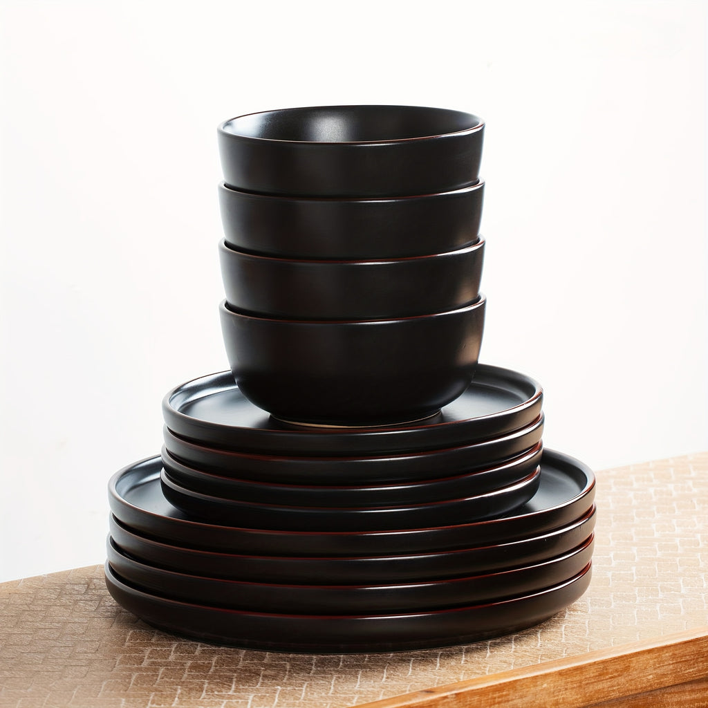 12 Piece Matte Black Stoneware Dinnerware Set Speckled Microwave Dishwasher Safe Dinner Plates Salad Plates Bowls Service for 4