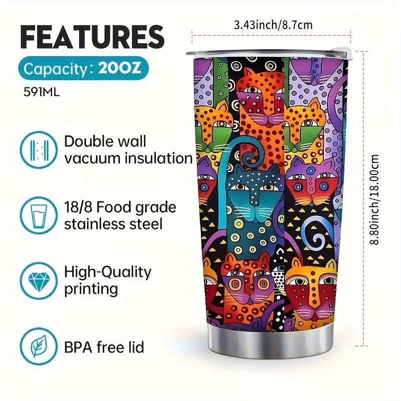 Cat Lover Gift Tumbler 20oz Boho Rainbow Cat Art Insulated Stainless Steel Travel Mug – Leakproof Birthday Gift for Cat Mom Women Pet Lovers