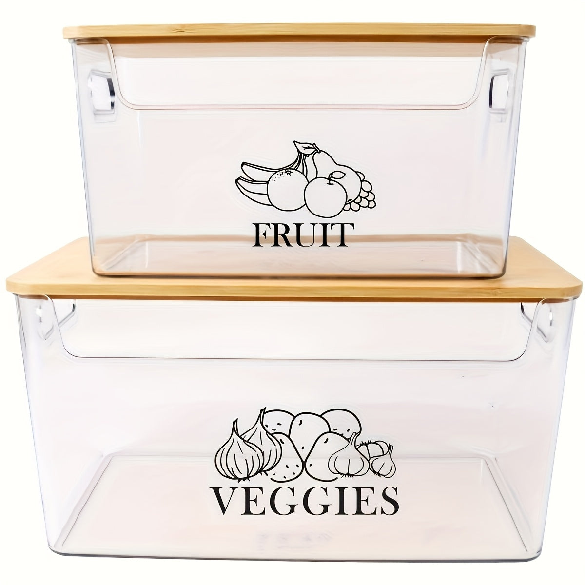 Stackable Potato & Onion Storage Container 2 Set Clear PE Bins with Bamboo Flip-Top Lid - Pantry Kitchen Counter Organizer for Vegetables