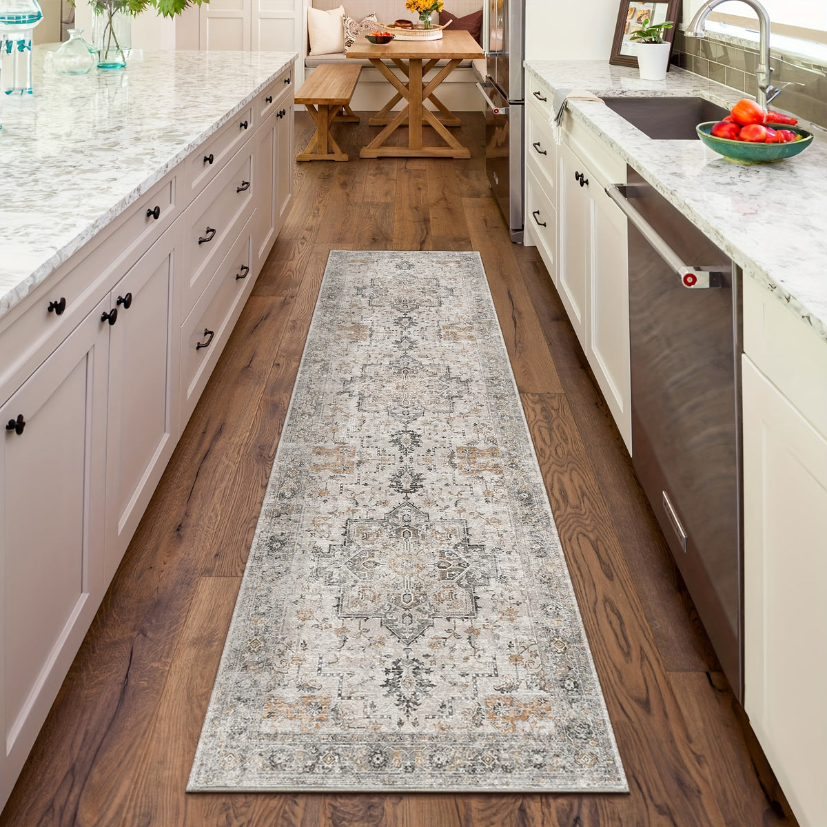 Vintage Floral Area Rug Machine Washable Non-Slip Runner Rug – Low Pile Soft Boho Hallway Carpet for Entryway, Kitchen, Corridor & Living Room – Light Taupe Brown, Multiple Sizes
