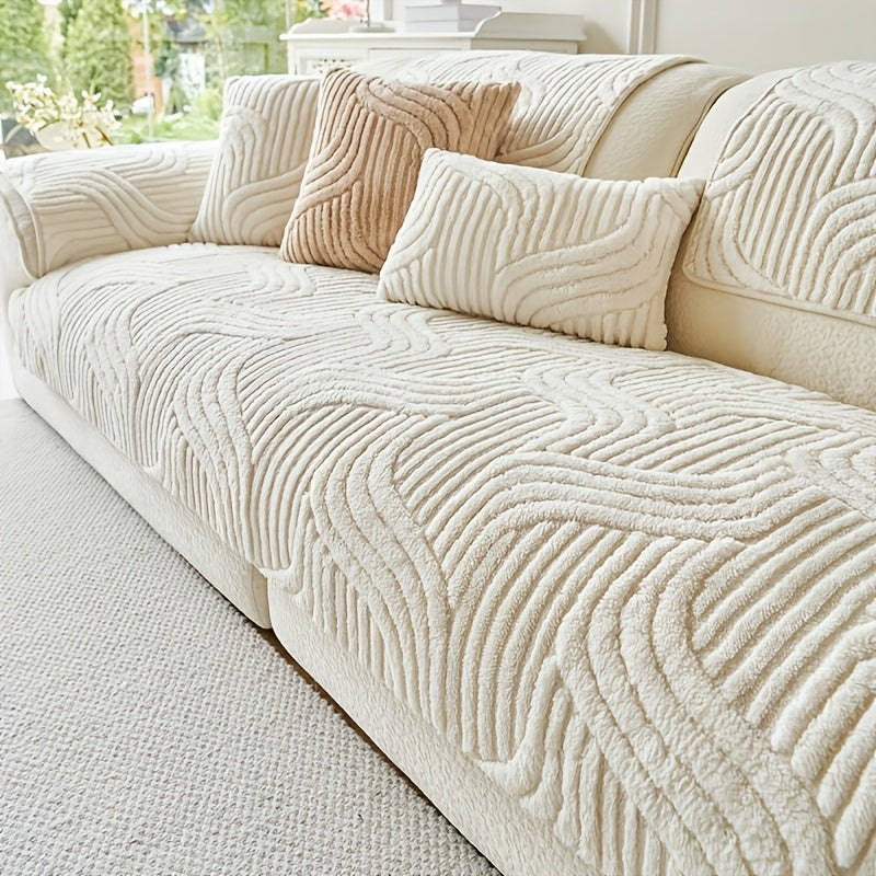 Bohemian Plush Sofa Pad Slipcover – Modern Luxury Faux Fur Non-Slip Couch Cover, All Season Machine Washable Pet Friendly Soft Seat Cushion Protector for Living Room Bedroom Office Home Decor