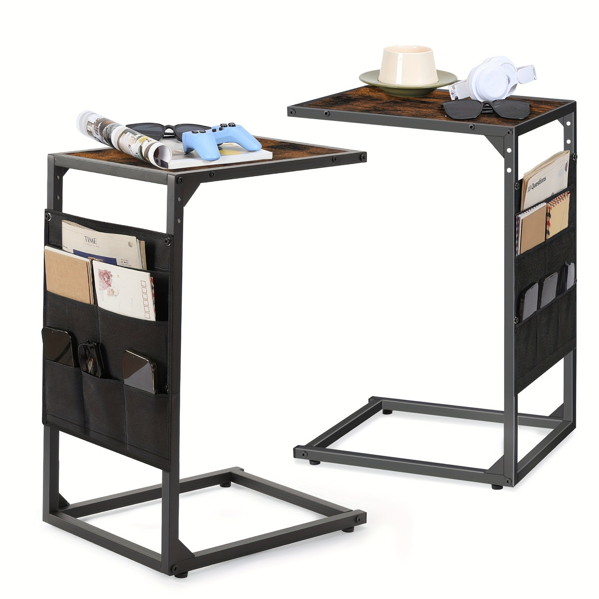 C-Shaped End Table with Charging Station – Sofa Side Table, 50LBS Capacity, Slides Under Sofa, Snack & Laptop Table for Living Room Bedroom (1pc/2pcs, w/wo Storage Bag)