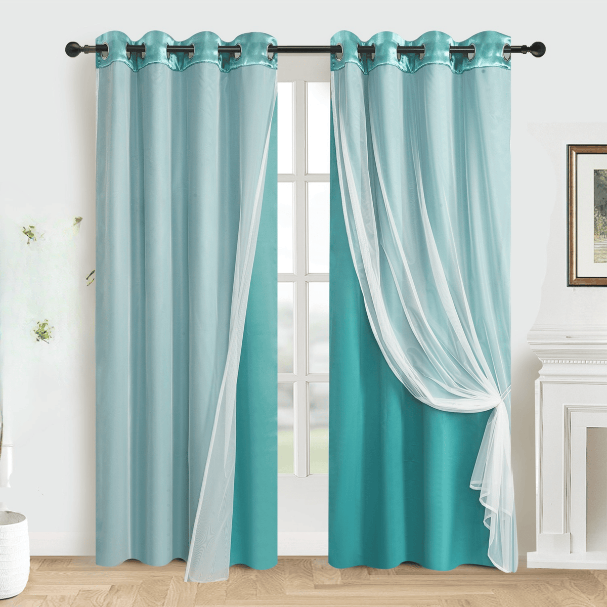 Double Layer Curtains Snowflake Embroidered Sheer Voile + Room Darkening Grommet Drapes – Thermal Insulated Tiebacks Included | 7 Colors Pack of 2