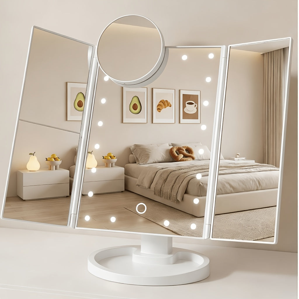 LED Vanity Makeup Mirror Tri-Fold Touch Screen, 1X 2X 3X 10X Magnification, Adjustable Base, USB Powered Lighted Mirror for Desk & Travel – White, Black & Rose Gold