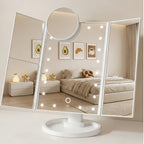 LED Vanity Makeup Mirror Tri-Fold Touch Screen, 1X 2X 3X 10X Magnification, Adjustable Base, USB Powered Lighted Mirror for Desk & Travel – White, Black & Rose Gold