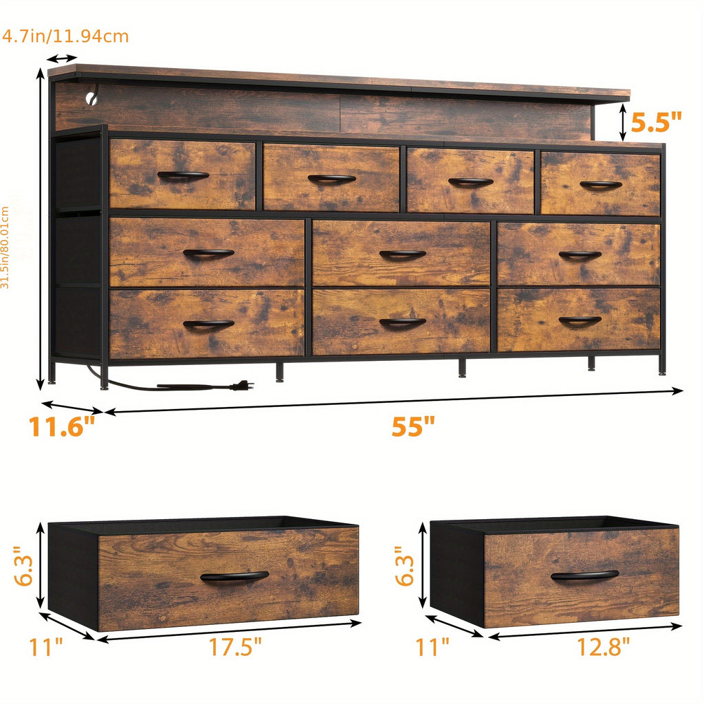 55" Wide Dresser for Bedroom with 10 Drawers, LED Lights & Power Outlets – Long Storage Chest, TV Stand up to 65", Metal Frame + Wood Top, Built-in Charging Station, Tiger Print / Black Wood Grain