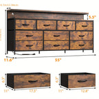 55" Wide Dresser for Bedroom with 10 Drawers, LED Lights & Power Outlets – Long Storage Chest, TV Stand up to 65", Metal Frame + Wood Top, Built-in Charging Station, Tiger Print / Black Wood Grain