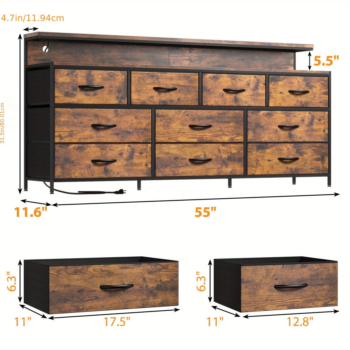 55" Wide Dresser for Bedroom with 10 Drawers, LED Lights & Power Outlets – Long Storage Chest, TV Stand up to 65", Metal Frame + Wood Top, Built-in Charging Station, Tiger Print / Black Wood Grain