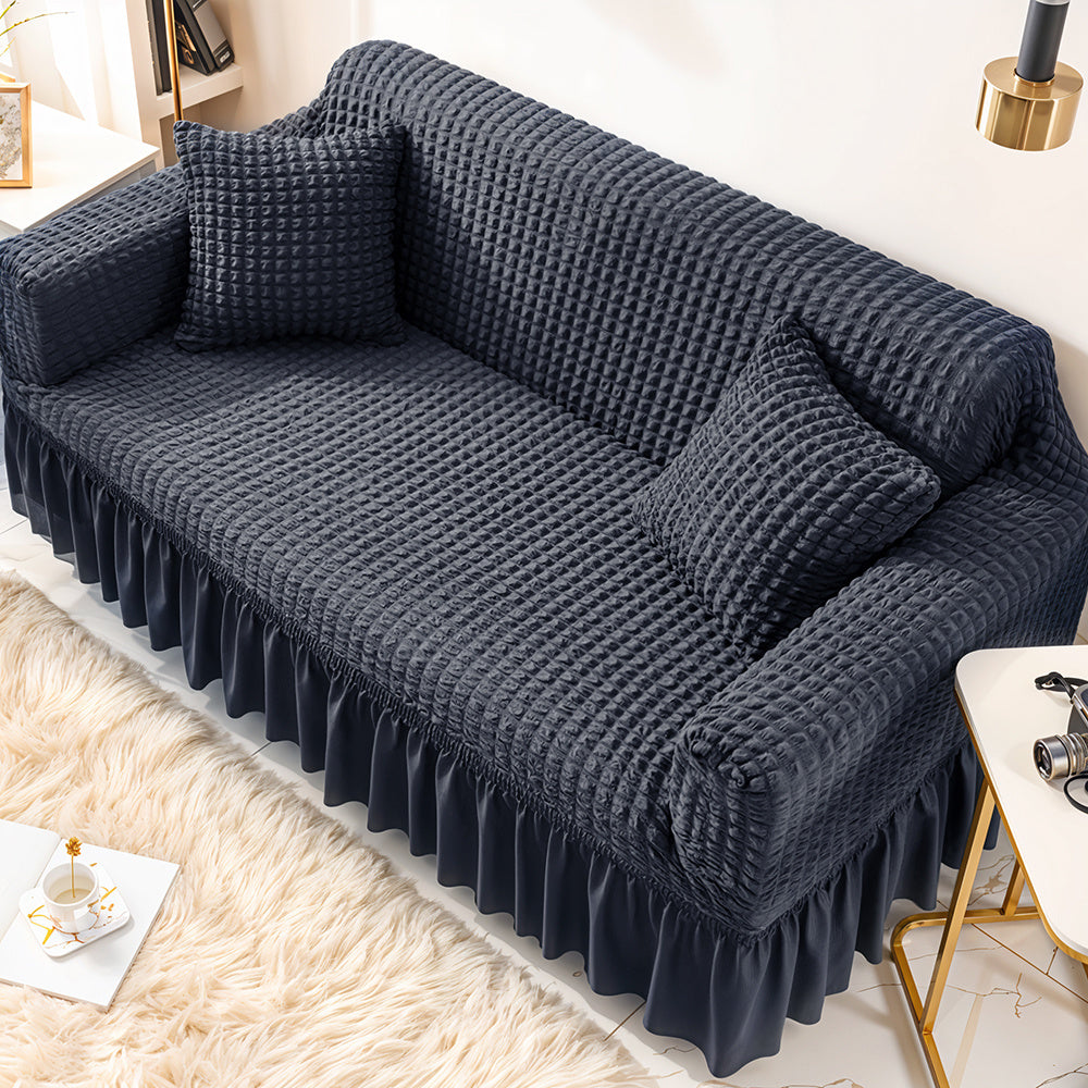 Velvet Jacquard Sofa Cover Ruffle Detail – Non-Slip Dustproof Soft Breathable Slipcover, Machine Washable All-Season, Polyester Spandex, 1/2/3/4 Seater, Grey