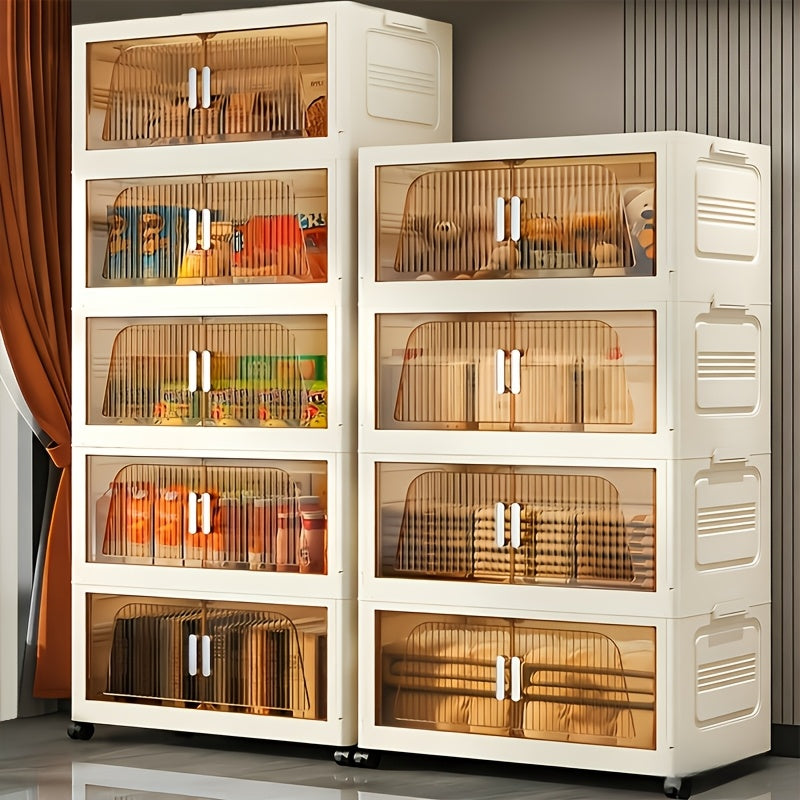 Stackable Foldable Storage Cabinet with Lids – Rolling Wardrobe Organizer 3/4/5/6 Tier with Magnetic Doors, 360° Wheels & Handles for Bedroom, Closet, Kitchen & Office