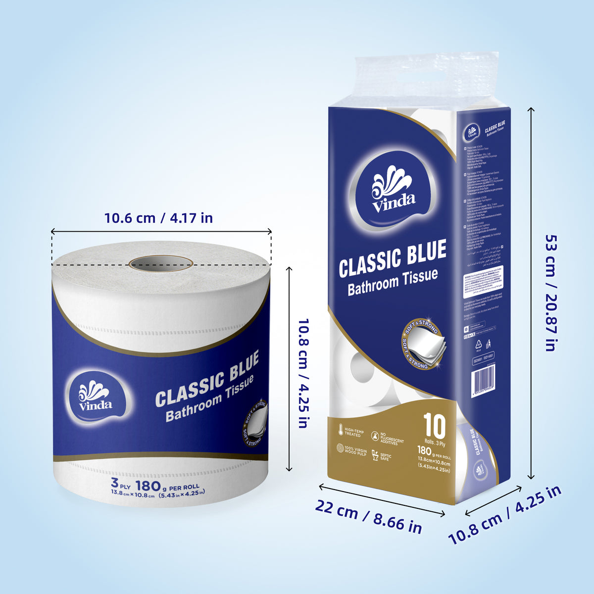 3-Ply Toilet Paper 10 Rolls Pack – 100% Virgin Wood Pulp Bathroom Tissue, Soft & Strong, No Lint, Septic Safe, Fluorescent-Free, 180g per Roll