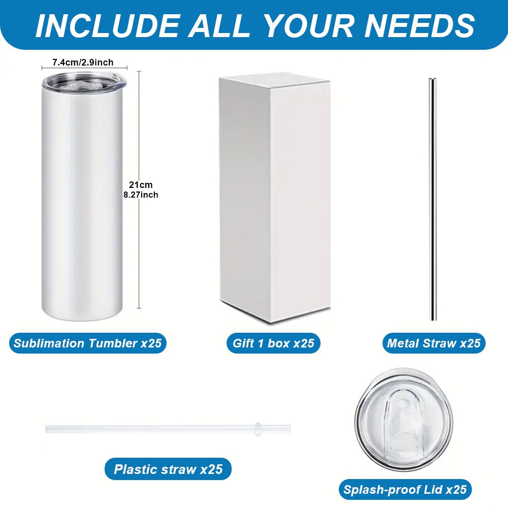 20oz Sublimation Tumbler Blanks with Lids & Straws – Stainless Steel Double Wall Insulated, White Gift Box, Bulk 8/10/25/50 Pack for Heat Press & DIY Gifts