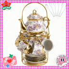 20 Piece Ceramic Tea Set Floral Design – European Afternoon Tea Service with Teapot, Cups, Saucers & Metal Stand – Blooming Style, Gift for Tea Lovers