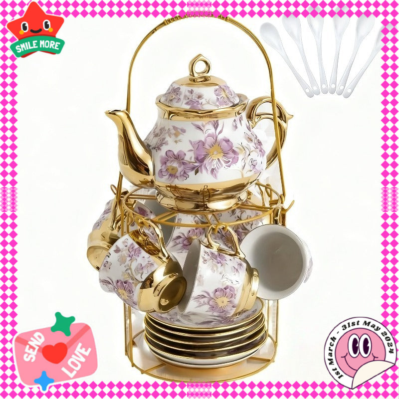 20 Piece Ceramic Tea Set Floral Design – European Afternoon Tea Service with Teapot, Cups, Saucers & Metal Stand – Blooming Style, Gift for Tea Lovers