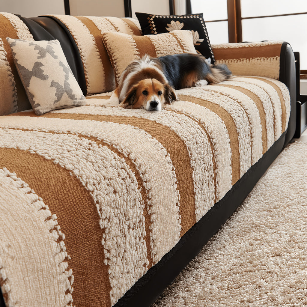 Non-Slip Sofa Slipcover, Striped Couch Cover for 2/3/4 Seater with Silicon Rubber Backing, Pet-Friendly Machine Washable Furniture Protector, All-Season Soft Sofa Cover, Sold by Piece