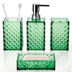 Bathroom 4-Piece Plastic Accessory Set – Transparent Diamond Grid Pattern | Soap Dispenser, Toothbrush Holder & More | Grey, Blue, Green