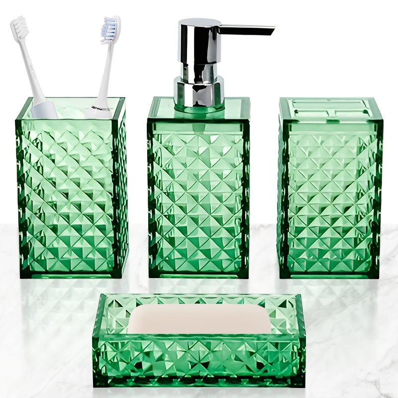 Bathroom 4-Piece Plastic Accessory Set – Transparent Diamond Grid Pattern | Soap Dispenser, Toothbrush Holder & More | Grey, Blue, Green